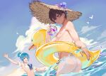  1boy 1girl absurdres achichi_ovo bao_(vtuber) beach bikini black_hair blue_eyes blue_hair cup disposable_cup drinking_straw duck_innertube highres holding holding_cup indie_virtual_youtuber male_swimwear nipples ocean short_hair shoto_(vtuber) swimsuit topless_male virtual_youtuber white_bikini white_male_swimwear 