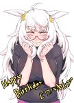  1girl ahoge animal_ears biwa_hayahide_(umamusume) black_sweater blush breasts character_name closed_eyes closed_mouth commentary_request ear_ornament glasses grey_hair hair_ornament happy_birthday highres horse_ears large_breasts long_hair long_sleeves minew pants purple_pants red-framed_eyewear semi-rimless_eyewear simple_background smile solo sweater umamusume under-rim_eyewear upper_body white_background 