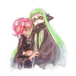  2girls :| agent_3_(splatoon) agent_8_(splatoon) black_cape bright_pupils cape chinese_commentary closed_mouth crop_top film_grain green_hair headgear high-visibility_vest highres inkling inkling_girl inkling_player_character long_hair long_sleeves medium_hair multiple_girls octoling octoling_girl octoling_player_character orange_eyes pink_hair simple_background splatoon_(series) splatoon_2 splatoon_2:_octo_expansion suction_cups tentacle_hair thenintlichen96 very_long_hair white_background white_pupils yellow_eyes 