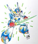  1boy android armor artist_logo blue_headwear boots dated energy_sword falcon_armor_x_(mega_man) glowing green_eyes helmet highres holding holding_sword holding_weapon lightsaber mechanical_wings mega_man_(series) mega_man_x_(series) pn13ban simple_background solo sword traditional_media weapon white_armor white_background wings x_(mega_man) z_saber 