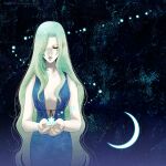  1girl blue_dress breasts closed_eyes crescent dress eyewear_visible_through_hair glasses green_hair hellsing hexagram highres integra_hellsing long_hair plunging_neckline small_breasts solo toshimichi_yukari upper_body very_long_hair wavy_hair 