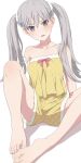  1girl arm_support bare_shoulders barefoot bow bow_camisole breasts brown_eyes camisole camui1104 collarbone commentary commission frilled_camisole frilled_shorts frills furrowed_brow grey_hair hair_between_eyes highres knee_up light_blush long_hair looking_at_viewer monogatari_(series) oikura_sodachi on_floor owarimonogatari pajamas parted_lips pink_bow polka_dot polka_dot_camisole polka_dot_pajamas polka_dot_shorts scrunchie shorts simple_background sitting small_breasts solo spaghetti_strap spread_legs strap_slip toes twintails white_background white_scrunchie yellow_camisole yellow_pajamas yellow_shorts 