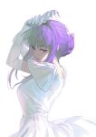  1girl arms_up dress elbow_gloves expressionless fern_(sousou_no_frieren) gloves hair_bun hair_ornament highres long_hair looking_at_viewer mmi_ryu parted_lips purple_eyes purple_hair sidelocks simple_background solo sousou_no_frieren upper_body white_background white_dress white_gloves 