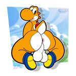 absurd_res anthro anus backsack balls big_balls big_butt butt clothing dinosaur footwear footwear_only genitals hi_res kneeling looking_back male mario_bros mostly_nude nintendo open_mouth orange_body orange_scales orange_yoshi pink_anus raised_tail reptile scales scalie shoes shoes_only solo super_mario_bros_wonder tail thick_thighs veggieafterdark white_body white_scales wide_hips yoshi yoshi_(character)