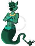 2021 alpha_channel anthro armor artist_name bracers canid canine canis clothed clothing crossed_arms english_text fingers fur genie green_body green_bracers green_eyes green_fur green_hair green_nose hair hi_res karlwarrior47 lamp legless logo male mammal neckwear prick_ears short_hair smile smiling_at_viewer snout solo text topless topless_anthro topless_male wolf