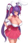  1girl absurdres aloe_(sos961111) animal_ears bow breasts choker cleavage closed_mouth di_gi_charat dice_hair_ornament eyebrows_visible_through_hair hair_bow hair_ornament hands_on_hips highres large_breasts long_hair looking_at_viewer purple_bow purple_hair rabbit_ears red_choker red_eyes red_ribbon ribbon ribbon_choker simple_background smile solo twintails usada_hikaru very_long_hair white_background 