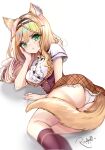  1girl :t animal_ear_fluff animal_ears artist_name ass bangs blonde_hair brown_skirt cat_ears center_frills cheek_rest commentary english_commentary frills green_eyes hair_between_eyes hairband hand_on_own_cheek hand_on_own_face highres long_hair looking_at_viewer lying maple_(nekopara) nekopara panties plaid plaid_skirt pout rosebell short_sleeves signature simple_background skirt solo underwear watermark white_panties 