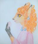 absurd_res alla_the_vixen anthro canid canine clothing colored_pencil_(artwork) ear_piercing ear_ring female fox graphite_(artwork) hi_res jewelry mammal necklace nu_pogodi oneya pencil_(artwork) piercing pink_clothing ring_piercing side_view simple_background solo sponge traditional_media_(artwork) yellow_eyes