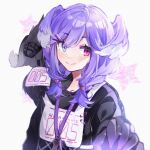  1girl black_shirt blue_eyes braid ember_(selen_tatsuki) fang hair_ornament hairclip head_wings heterochromia hezi_(measukivov) highres lanyard long_hair long_sleeves looking_at_viewer nijisanji nijisanji_en purple_eyes purple_hair selen_tatsuki shirt simple_background skin_fang smile star_(symbol) twin_braids upper_body virtual_youtuber white_background wings 