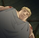  1boy artist_name bara blonde_hair brown_eyes closed_mouth dungeon_meshi grey_tank_top impetuss laios_thorden large_pectorals looking_at_viewer male_focus meme muscular muscular_male nipple_slip nipples pectorals photo-referenced short_hair solo tank_top 