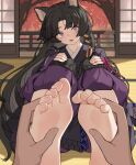  1girl absurdres animal_ears arknights barefoot beads black_hair dog_ears feet fingerless_gloves foot_focus foot_massage gloves hands_on_feet highres knee_pads leaves_in_wind saga_(arknights) soles solo tatami toes tree xssh 