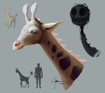 2022 ambiguous_feral ambiguous_gender brown_eyes brown_spots bust_portrait caymartworks creepy duo empty_eyes eye_socket feral generation_2_pokemon girafarig giraffid grey_background height_comparison hi_res horn human jagged_mouth living_tail long_neck mammal mane nintendo ossicone pink_mane pokemon pokemon_(species) portrait realistic reference_image silhouette simple_background spots tail tail_head unusual_anatomy unusual_tail