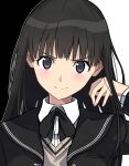  1girl adjusting_hair amagami ayatsuji_tsukasa black_background black_bow black_bowtie black_eyes black_hair black_jacket black_sailor_collar blazer blush bow bowtie brown_sweater close-up closed_mouth collared_shirt commentary dress_shirt head_tilt jacket kibito_high_school_uniform long_hair long_sleeves looking_at_viewer loose_hair_strand open_clothes open_jacket outline portrait ropuggo sailor_collar school_uniform shirt smile solo sweater two-tone_background v-shaped_eyebrows white_background white_outline white_shirt 