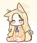  1girl alternate_costume animal animal_ears animal_on_head bird bird_on_head blonde_hair blue_archive blush brown_pajamas closed_mouth fox_ears fox_tail full_body halo highres long_hair on_head pajamas piki_(itpiki) seia_(blue_archive) sitting solo tail white_bird yellow_eyes yellow_halo 