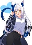  1girl :d adjusting_eyewear alternate_costume animal_ear_fluff animal_ears aomiya_yozuri belt black_belt black_bow black_coat black_pants blue_hair blush bow braid breasts cat_ears cat_girl cat_necklace cat_tail coat commentary_request glasses hair_bow hand_up heart highres jewelry long_hair looking_to_the_side medium_breasts multicolored_hair multiple_hair_bows namikawa_kuroha necklace open_mouth pants plaid plaid_coat round_eyewear shirt sidelocks simple_background smile solo streaked_hair t-shirt tail twin_braids vee_(vtuber) very_long_hair virtual_youtuber white_background white_hair white_shirt yellow_eyes 