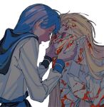  2girls blonde_hair blood blood_in_hair blood_on_clothes blood_on_face blue_hair blue_sailor_collar blue_skirt closed_eyes collared_shirt commentary_request earrings fingernails forehead-to-forehead hand_on_another&#039;s_face hands_on_another&#039;s_face heads_together highres jewelry long_hair long_sleeves looking_at_another medium_hair multiple_girls naotin3333 open_mouth original red_eyes sailor_collar school_uniform serafuku shirt skirt stud_earrings tears white_shirt 