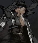  1boy aitanso animal bara belt bird black_hair black_pants black_shirt closed_mouth crow haori high_collar himejima_gyoumei japanese_clothes kimetsu_no_yaiba large_pectorals male_focus muscular muscular_male pants pectorals scar scar_on_face scar_on_forehead shirt short_hair solo white_belt 