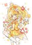  1girl angel_wings animal animal_on_head big_hair bird blonde_hair blue_eyes boots bow bowtie brooch candy_(smile_precure!) chick chick_costume commentary_request cure_peace eggshell eggshell_hat eyelashes facial_mark floral_background flower footwear_ribbon forehead_mark frilled_skirt frills full_body hand_up hayashi_(kanzume) heart heart_facial_mark high_heel_boots high_heels high_ponytail holding holding_animal jewelry kise_yayoi knee_boots knees light_blush long_hair magical_girl miniskirt on_head open_mouth orange_bow orange_bowtie orange_ribbon orange_wrist_cuffs pleated_skirt polka_dot_bowtie precure puffy_short_sleeves puffy_sleeves red_bow red_bowtie red_flower ribbon shirt short_sleeves simple_background skirt smile smile_precure! solo squatting tiara traditional_bowtie v white_arm_warmers white_background white_footwear white_headwear white_wings winged_hat wings yellow_eyes yellow_flower yellow_shirt yellow_skirt yellow_sleeves 