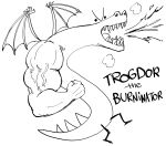  absurdres bb_(baalbuddy) character_name child&#039;s_drawing creature dragon english_text fire greyscale highres monochrome muscular no_humans open_mouth original tail wings 