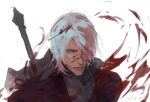  1boy alastor_(sword) bishounen blood blood_in_hair blood_on_face blue_eyes coat dante_(devil_may_cry) devil_may_cry_(series) devil_may_cry_1 hair_over_one_eye highres holding holding_weapon male_focus red_coat simple_background smile solo sword tan weapon white_hair 