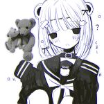  1girl animal_ears bear_ears belt_collar blunt_bangs blush breasts collar dot_nose empty_eyes highres looking_at_viewer medium_breasts monochrome neckerchief noroi_(rnatataki) open_mouth original sailor_collar school_uniform serafuku sidelocks simple_background sleeves_past_fingers sleeves_past_wrists solo stuffed_animal stuffed_toy teddy_bear upper_body white_background 