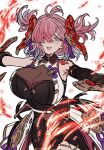  1girl animal_ears blue_eyes blush breasts cleavage cow_ears draph granblue_fantasy hair_over_one_eye highres horns large_breasts lu1ani pink_hair pointy_ears short_hair smile solo twintails 