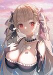  1girl azur_lane bare_shoulders between_breasts black_ribbon breasts cleavage clothing_cutout detached_collar dress eyebrows_visible_through_hair flower formidable_(azur_lane) frilled_dress frills gothic_lolita grey_hair hair_ribbon haitu hand_on_own_chest highres large_breasts lolita_fashion long_hair looking_to_the_side outdoors pantyhose red_eyes revision ribbon shadow shoulder_cutout solo standing twintails two-tone_dress two-tone_ribbon upper_body very_long_hair water white_flower 