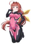  1girl airborne bangs blush bow breasts covered_navel eyebrows_visible_through_hair finger_to_cheek floating_hair fortified_suit hair_bow hair_intakes hand_on_hip highres kagami_sumika long_hair looking_at_viewer low_ponytail medium_breasts muvluv muvluv_alternative open_mouth pilot_suit red_eyes red_hair shiragi9 skin_tight smile solo very_long_hair white_background yellow_bow 