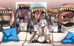  1girl absurdres couch dangle_earrings drop_earrings earrings elf frieren green_eyes highres jewelry long_hair long_sleeves long_tongue looking_at_viewer meme mimic mimic_chest piper_perri_surrounded_(meme) pointy_ears sousou_no_frieren teeth temerohimitaki tentacles tongue twintails very_long_tongue white_hair 