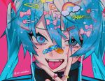  1girl bandaid bandaid_on_face bandaid_on_nose black_jacket blue_eyes blue_hair blue_stripes blush commentary crossed_bandaids fangs fangs_out hair_between_eyes hair_ornament hairclip hand_on_own_face hatsune_miku headphones heart heart-shaped_pupils heart_hair_ornament jacket jewelry long_hair looking_at_viewer miku_day number_tattoo ornate_ring piercing pink_background portrait rainbow_hair_ornament ring sidelocks solo spring_onion star_(symbol) star_hair_ornament striped_clothes striped_jacket symbol-only_commentary symbol-shaped_pupils tattoo temu_(tem27) tongue tongue_out tongue_piercing twitter_username v_over_mouth very_long_hair vocaloid 