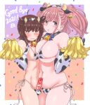  1boy 1girl animal_ears animal_print atlanta_(kancolle) bikini breasts brown_eyes brown_hair cow_ears cow_print cow_tail crossdressing earrings elbow_gloves erection fake_animal_ears fake_tail fukidamari_no_peke genderswap genderswap_(ftm) gloves grey_eyes hatsuzuki_(kancolle) highres holding holding_pom_poms jewelry kantai_collection large_breasts long_hair micro_bikini navel penis pom_pom_(cheerleading) print_bikini short_hair side-tie_bikini star_(symbol) star_earrings string_bikini swimsuit tail two_side_up 