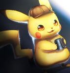  brown_eyes brown_headwear cup dark_background detective_pikachu detective_pikachu_(character) dutch_angle foot_out_of_frame gradient gradient_background hatted_pokemon holding holding_cup looking_at_viewer no_humans open_mouth pikachu pokemon solo standing tsuji yellow_fur 