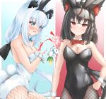  2girls ahoge animal_ear_fluff animal_ears black_bow black_hair black_leotard blood blush bow braid breasts cleavage commentary_request detached_collar earrings fake_animal_ears fishnet_pantyhose fishnets fox_ears fox_girl fox_tail green_eyes hair_between_eyes hair_bow hand_on_own_hip hololive jewelry kurokami_fubuki leotard long_hair looking_at_viewer multicolored_hair multiple_girls nosebleed open_mouth pantyhose playboy_bunny rabbit_ears red_eyes red_hair shirakami_fubuki sidelocks single_braid small_breasts streaked_hair sukonbu_(shirakami_fubuki) syukuri_works tail virtual_youtuber white_hair white_leotard wrist_cuffs 