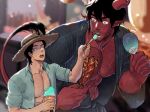  2boys abs aqua_shirt bara bare_pectorals black_kimono chest_hair collared_shirt colored_skin couple demon_boy demon_horns demon_tail dominique_(the_devil_and_s-13) earrings feeding food hand_fan hat hay highres holding holding_food holding_spoon horns japanese_clothes jewelry kimono large_pectorals looking_at_another male_focus multiple_boys muscular muscular_male nipples nose_piercing open_clothes open_mouth open_shirt paper_fan pectorals piercing pointy_ears red_skin shirt spoon steen_(the_devil_and_s-13) straw_hat suyohara tail the_devil_and_s-13 uchiwa yaoi 