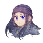  1girl asirpa ayakusa-haku blue_eyes blue_hair buttons child closed_mouth commentary_request earrings fur_collar golden_kamuy headband highres hoop_earrings jewelry long_hair looking_ahead portrait purple_hair purple_headband sidelocks simple_background solo white_background 