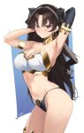  1girl absurdres armlet armpits arms_behind_head arms_up bandeau bare_shoulders bikini black_hair blush bracelet breasts cleavage detached_sleeves earrings fate/grand_order fate_(series) gold_trim hair_ribbon highres hoop_earrings ishtar_(fate) jewelry kurozawa_yui large_breasts long_hair looking_at_viewer mismatched_bikini navel neck_ring parted_bangs red_eyes ribbon single_detached_sleeve solo strapless swimsuit thighs tube_top two_side_up 