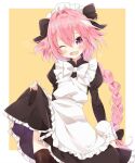  1boy astolfo_(fate) black_bow black_thighhighs blush bow braid dress fate/apocrypha fate_(series) gau_(n00_shi) hair_between_eyes hair_bow hair_intakes heart long_braid long_hair maid maid_headdress male_focus multicolored_hair one_eye_closed open_mouth otoko_no_ko pink_hair purple_eyes single_braid skirt_hold solo streaked_hair thighhighs two-tone_hair very_long_hair white_bow white_hair yellow_background 