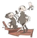  1boy 1girl 2b_(nier:automata) 9s_(nier:automata) black_blindfold black_dress black_gloves black_hairband black_thighhighs blindfold boots breasts clothing_cutout covered_eyes dress gloves hairband highres juliet_sleeves leotard long_sleeves medium_breasts nier nier:automata nier_(series) pod_(nier:automata) puffy_sleeves short_hair shorts solo temmie_chang thighhighs white_hair 