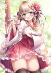  1girl blonde_hair blue_eyes blurry blurry_background blush breasts collarbone commentary_request dress floral_background flower frilled_dress frilled_skirt frills hair_between_eyes hair_flower hair_ornament hair_ribbon hand_up japanese_clothes leaf long_hair looking_at_viewer looking_to_the_side medium_breasts mitsuba_choco nontraditional_miko omikuji original panties ribbon skirt smile thighhighs thighs tree underwear 