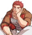  1boy akashi_(live_a_hero) bara crossed_legs elbow_rest facial_hair goatee highres large_pectorals live_a_hero long_sideburns looking_at_viewer male_focus muscular muscular_male official_alternate_costume ose pants pectoral_cleavage pectorals red_eyes red_hair scar scar_on_face short_hair sideburns solo sunfight0201 thick_eyebrows unfinished 