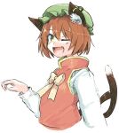  1girl ;d animal_ear_fluff animal_ear_piercing animal_ears arm_at_side bow bowtie brown_hair cat_ears cat_tail chen commentary_request cropped_torso double-parted_bangs earrings fang flat_chest from_side ginnkei gold_trim green_headwear hand_up hat jewelry long_sleeves looking_at_viewer mob_cap multiple_tails nekomata one_eye_closed open_mouth red_vest short_hair simple_background single_earring smile solo tail touhou two_tails upper_body vest white_background yellow_bow yellow_bowtie yellow_eyes 