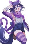  1boy absurdres animal_ears arm_up blue_shorts bow brown_footwear cat_boy cat_ears cat_tail cheshire_cat_(alice_in_wonderland) cheshire_cat_(alice_in_wonderland)_(cosplay) cosplay danganronpa_(series) danganronpa_v3:_killing_harmony fang flipped_hair hair_between_eyes highres looking_at_viewer male_focus oma_kokichi open_mouth otoko_no_ko purple_eyes purple_hair purple_nails purple_scarf qiretsu ringed_eyes scarf short_hair shorts skindentation solo standing standing_on_one_leg striped_clothes striped_thighhighs tail thighhighs waist_bow white_background 