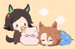  2girls :d animal_ears bandaid bandaid_on_cheek bandaid_on_face biwa_hayahide_(umamusume) black_hair blanket blush_stickers brown_background brown_hair chibi closed_eyes glasses gomashio_(goma_feet) hair_between_eyes hair_ornament hairclip horse_ears horse_girl horse_tail multiple_girls narita_taishin_(umamusume) parted_bangs red-framed_eyewear semi-rimless_eyewear smile standing swept_bangs tail tears umamusume under-rim_eyewear winning_ticket_(umamusume) |_| 