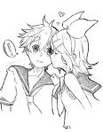  1boy 1girl bare_shoulders blush bow detached_sleeves flustered greyscale hair_bow hair_ornament hairclip headphones headset kagamine_len kagamine_rin kiss kissing_cheek monochrome neckerchief necktie reifuji sailor_collar sailor_shirt shirt short_hair short_sleeves sketch sleeveless sleeveless_shirt smile surprised swept_bangs traditional_media upper_body vocaloid wavy_mouth 