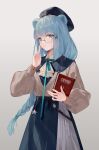  1girl absurdres animal_ears arknights ascot bear_ears blue_eyes blue_hair blue_ribbon book braid finger_to_mouth hair_ornament hat highres holding holding_book hongbaise_raw istina_(arknights) long_braid long_hair long_sleeves looking_at_viewer monocle multicolored_hair ribbon shirt simple_background skirt solo star_(symbol) star_hair_ornament streaked_hair white_ascot white_background 