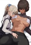  2girls abs blonde_hair blue_eyes breast_sucking breast_sucking_through_clothes breasts breasts_apart brown_hair dark-skinned_female dark_skin hands_on_another&#039;s_thighs height_difference highres kei_(m_k) large_breasts long_hair m_k multiple_girls original ponytail red_eyes rika_(m_k) short_hair simple_background size_difference sweat tall tall_female tan tomboy toned wife_and_wife yuri 