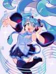  1girl :d aqua_eyes aqua_hair aqua_necktie bare_shoulders beamed_eighth_notes black_footwear black_sleeves blue_eyes blue_hair blush boots bright_pupils collared_shirt constellor detached_sleeves eighth_note grey_shirt hair_between_eyes hair_ornament hand_on_own_ear hatsune_miku headphones headset highres long_hair looking_at_viewer miku_day musical_note necktie open_mouth outstretched_arm pleated_skirt purple_background shirt skirt sleeveless sleeveless_shirt smile solo sparkle standing standing_on_one_leg star_(symbol) teeth thigh_boots thighhighs twintails twitter_username upper_teeth_only very_long_hair vocaloid white_pupils 