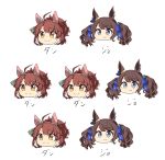  2girls absurdres ahoge animal_ears blue_ribbon brown_eyes brown_hair danjo_(tarou) dantsu_flame_(umamusume) ear_covers grey_eyes hair_ribbon head_only highres horse_ears horse_girl long_hair muchi3333 multicolored_hair multiple_girls ponytail ribbon simple_background smile tosen_jordan_(umamusume) twintails two-tone_hair umamusume white_background white_hair 