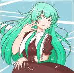  1girl black_dress black_ribbon collar commentary_request dress green_eyes green_hair hair_down kagiyama_hina long_hair mizusoba one_eye_closed portrait ribbon solo touhou 