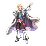  1boy arm_up belt blonde_hair blue_footwear blue_vest bow bowtie braid brown_bow brown_bowtie brown_cape brown_shorts buttons cape collared_shirt crescent crescent_pin full_body fur-trimmed_cape fur_trim hair_between_eyes hand_on_own_chest highres leona_(pixiv) long_sleeves looking_at_viewer loose_belt male_focus medium_bangs medium_hair official_art open_mouth pants pants_under_shorts pink_eyes puffy_long_sleeves puffy_sleeves ragnarok_online red_belt shirt shoes shorts side_braid simple_background single_braid smile solo standing tachi-e tassel teeth transparent_background troubadour_(ragnarok_online) two-tone_footwear upper_teeth_only vest white_footwear white_pants white_shirt 